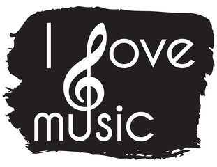 white text - I love music - with clef on black frame, brush stroke