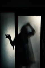 The silhouette of a human in front of a door at night.Scary scene Halloween concept of blurred silhouette,Ghost movies poster