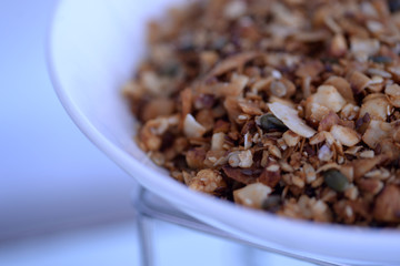 Breakfast cereal in a white bowl