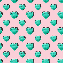 Emerald grey heart seamless pattern. Hand drawing watercolor sketch on pink background. Colorful illustration. Picture can be used in greeting cards, posters, flyers, banners, logo, further design etc