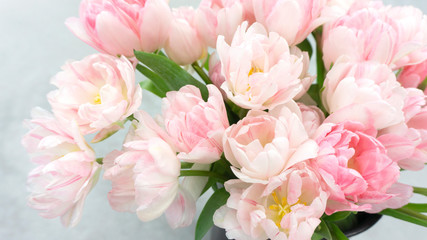Obraz na płótnie Canvas Beautiful elegant bouquet of marshmallow pink and white terry tulips. Airy bouquet of spring pink tulips for greeting card and celebration of Valentine's Day, International Women's Day or Easter.