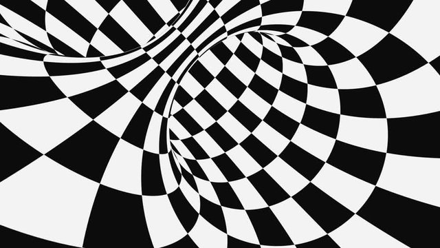 Black and white psychedelic optical illusion. Abstract hypnotic animated background. Checkered geometric looping wallpaper