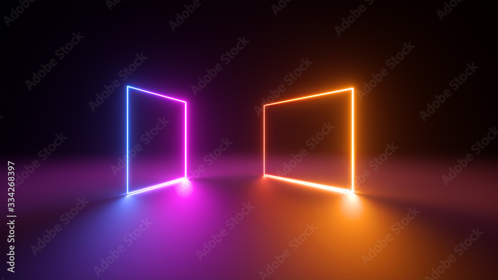 Sticker 3d render, abstract neon geometric background. stage laser show illumination. blank rectangular shap