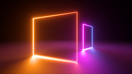 3d render, abstract colorful neon light background. Performance stage laser show illumination. Rectangular geometric shapes, blank square frames, virtual reality. Glowing lines. Modern minimal design © wacomka