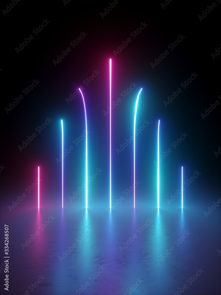 Wall mural 3d render, abstract vertical neon lines glowing in the dark. laser rays virtual performance on the s