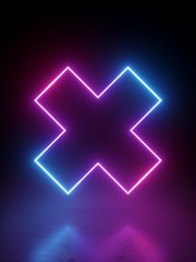 3d render, abstract background with bright pink blue cross symbol. Glowing neon light. Laser rays in the dark. Futuristic minimal geometric design. Ultraviolet spectrum.