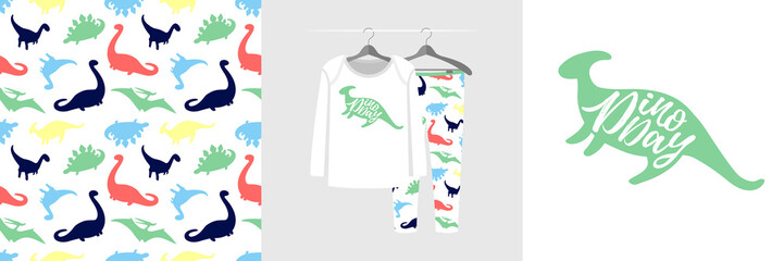 Seamless pattern and illustration for a kid with green dinosaur