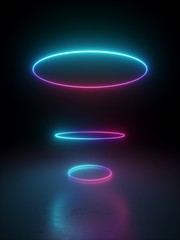 3d render, abstract geometric background with multiple rings over black, glowing lines, neon light gradient.