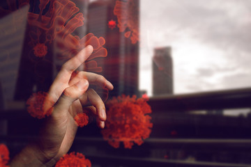 people hand touching blood dna of nCov covid-19 structure coronavirus crisis outbreak pandemic...