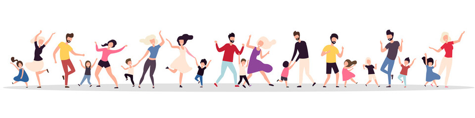 Plakat Set of dancing families. Happy parents and children. Family dance. Flat style