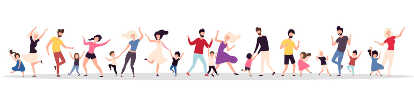 Set of dancing families. Happy parents and children. Family dance. Flat style