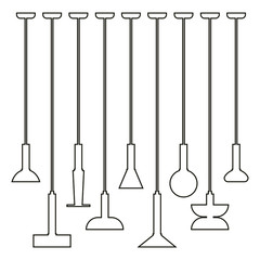 Naklejka premium Interior furniture icons. Ceiling lamp icon set. Silhouette ceiling lamps light for home appliance indoor furniture. Vector stock illustration of pendants. Black vector lamps isolated on white.