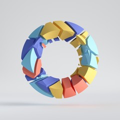 3d render, abstract random mosaic pieces, broken torus, cracked round surface with hole, colorful donut. Blue red yellow elements. Split geometric ring, object isolated on white background