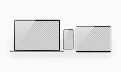 Device mockups. Tablet, phone, laptop with transparent screen. Modern design. Gadgets template for presentation, banners, infographic, app. Isolated vector illustration