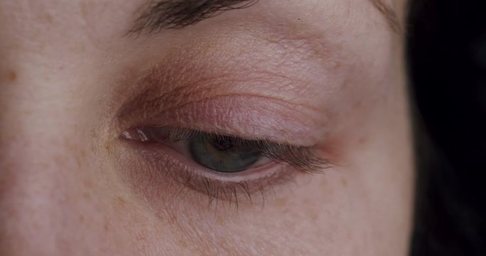 Face touch - coronavirus concept. Woman touching eye, increase risk to viral infection. Touching the facial mucous membranes by hand.  Way to pick up infections like COVID-19. Macro 