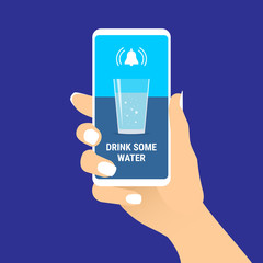 Female hand hold smartphone with drink some water text message and glass of water on screen. Woman showing cell phone with reminder notification. Healthy lifestyle concept. Vector EPS10 illustration.