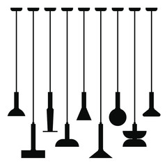 Naklejka premium Interior furniture icons. Ceiling lamp icon set. Silhouette ceiling lamps light for home appliance indoor furniture. Black lamps isolated on white background. Modern black pendants for interiors.