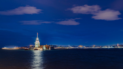 Fototapeta na wymiar Maiden Tower at Night, Blue Sky - Istanbul , Turkey - Kiz Kulesi / Leander's Tower / Tower of Leandros - Uskudar, Bosphorus