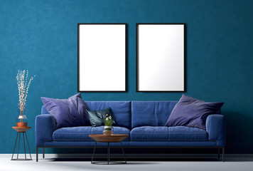 mock up poster frame in modern living room interior background, contemporary style, 3D render, 3D illustration