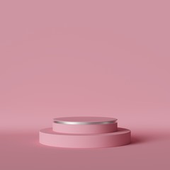 3d render, digital illustration. Modern minimal pink background. Abstract geometric design. Fashion concept. Blank round podium, empty stage, vacant cylinder pedestal steps.