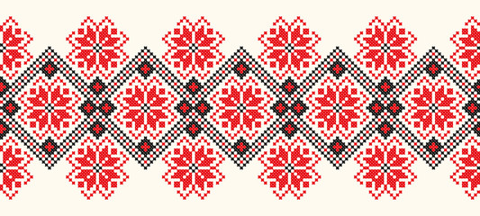 embroidered good like old handmade cross-stitch ethnic Ukraine pattern. Ukrainian towel with ornament