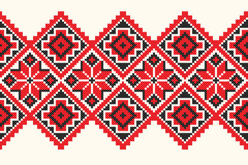 embroidered good like old handmade cross-stitch ethnic Ukraine pattern. Ukrainian towel with ornament