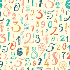 Hand drawn cartoon doodle Number seamless pattern. Colorful Latin alphabet numbers from 0 to 9 with different patterns. Mathematical background for kids. Back to school. Vector illustration