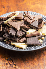 Broken white, milk and dark chocolate bars on plate