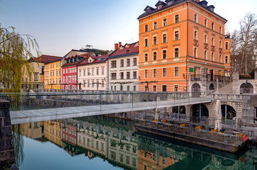 Beautiful view of Ljubljana Fishmarket footbridge and old city center,  Ljubljana, Slovenia