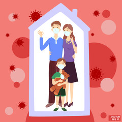 Fototapeta premium Dad mom and son wearing a surgical mask.
