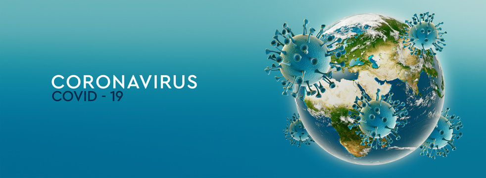 High resolution banner Coronavirus, infected world or earth. Dangerous asian ncov corona virus. Text on teal background. 3d rendering