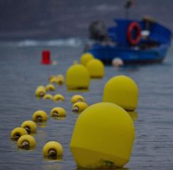 Line of buoys in foreground, calm sea and fishing boat out of focus in background