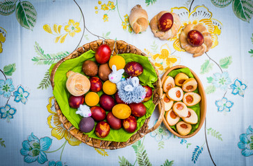 Easter eggs coloured by natural colouring and put on table for decoration.