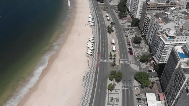 Near empty Copacabana beach and boulevard with the decorated sidewalk and colourful pavement during the COVID-19 Corona virus outbreak at a sunny summer midday