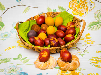 Easter eggs coloured by natural colouring and put on table for decoration.