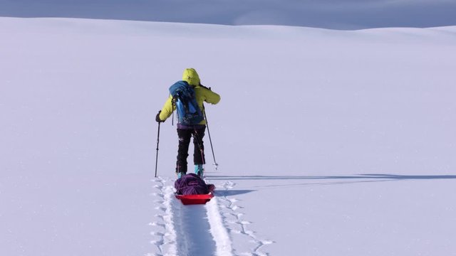 Expedition backcountry skier with pulk sled skis on untouched glacier
