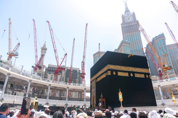 MECCA, SAUDI ARABIA-MAR,13 2015:Skyline with Abraj Al Bait (Royal Clock Tower) in Makkah. The tower is the tallest clock tower in the world at 601m (1972 feet), built at a cost of USD1.5 billion..