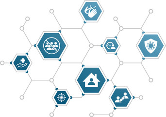 Social distancing vector illustration. Concept with connected icons related to quarantine, isolation, lockdown or travel restriction during the corona virus outbreak.