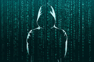 Computer hacker in mask and hoodie over abstract binary background. Obscured dark face. Data thief,...
