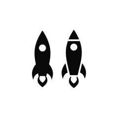 Rocket or shuttle black isolated vector icon. Spaceship launch business symbol.