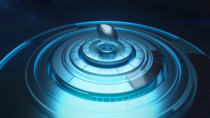 Three dimensional model of rugby ball above round-shaped platform in blue and silver colors