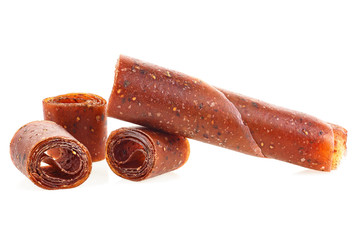 Fruit pastille isolated on a white background. Fruit roll-ups made from raspberry, apples and currant.