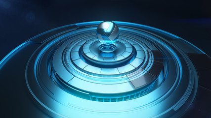 Modern 3D projection of volleyball ball above rotating platform in blue color