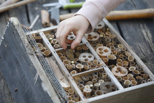 Kleines Kind baut Insektenhotel aus Holz DIY