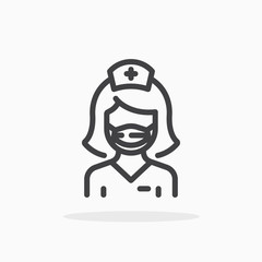 Nurse in flu mask icon in line style. Editable stroke.
