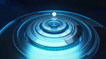 Glowing silver tennis ball above rotating platform in shape of Earth, three dimensional model