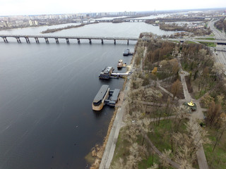 Panoramic view of Kiev at spring (drone image). Ukraine