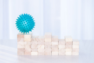 Graph from wooden blocks on white sunlight background. Coronavirus or covid-19 cases stabilization.