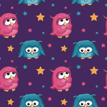 Illustration birthday romantic holiday seamless pattern funny cartoon cute colorful pink blue turquoise owl isolated on purple background with stars.