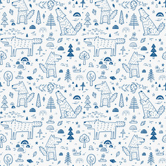 Cute Wolf Vector Seamless pattern. Childish Background with Hand Drawn doodle Wolves in Forest. Cartoon Wild Animals Wallpaper. Design for kids